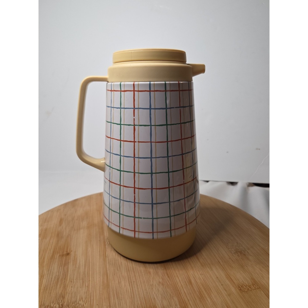 Vintage Crown Corning Thermique 1 Qt Thermal Carafe Pitcher Plaid Grid Yellow